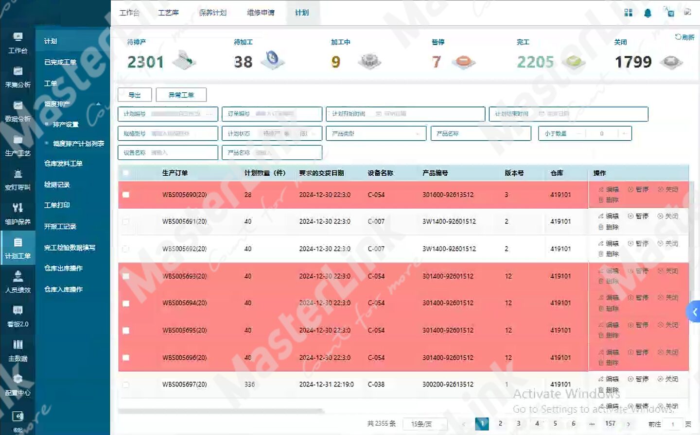 CPS 工单管理界面,待派产、待加工、加工中与完工数量一览