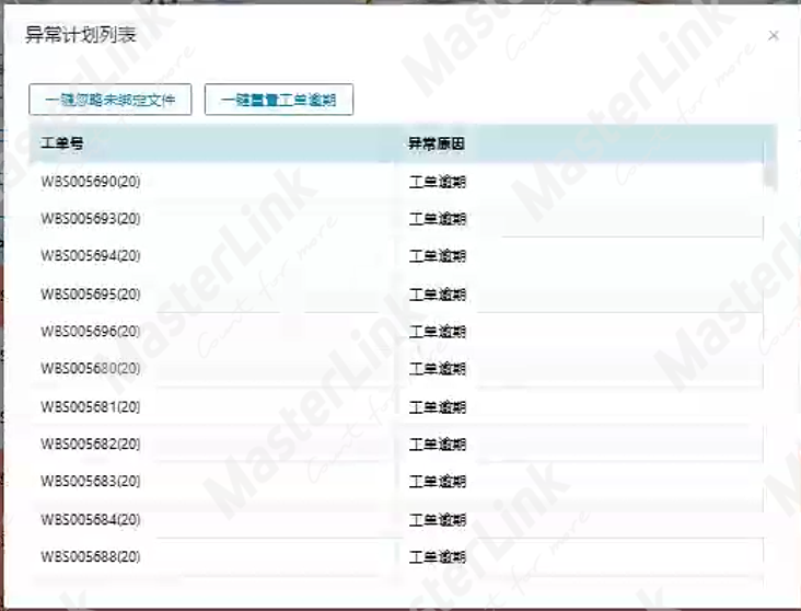 异常计划列表,按工单标注异常原因